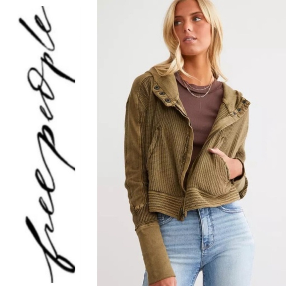 Free People Mason Hoodie in Army Green NWT 100% Cotton Waffleknit SIZES โฆ